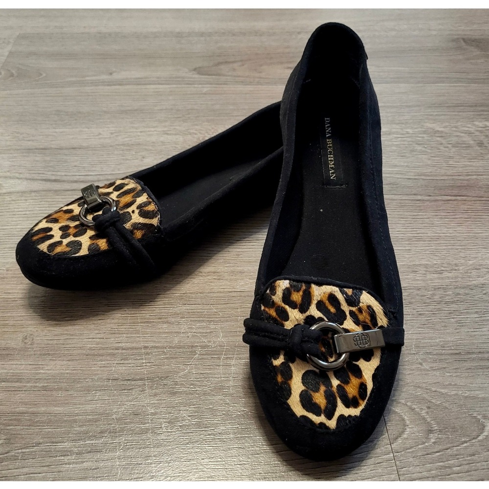 Dana Buchman Carly Black Suede‎ Leopard Accent Loafer Flats Fur Shoes size 6.5